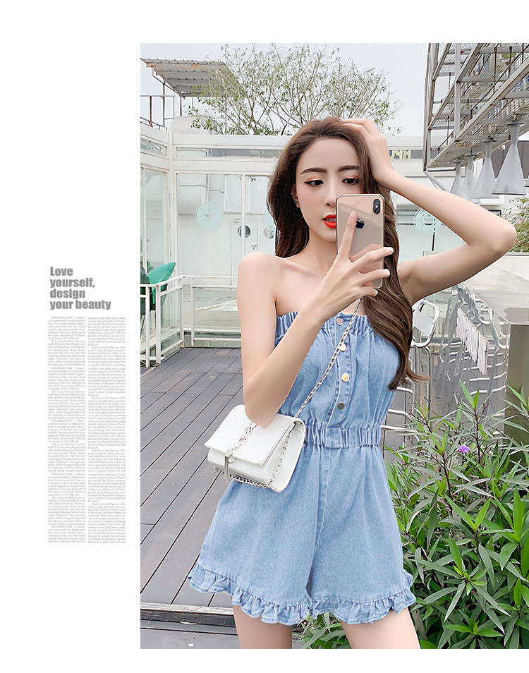 Vacation Gentle Tube Top Jumpsuit Wooden Ear High Waist Cowboy Siamese Wide Leg Shorts - Image 10