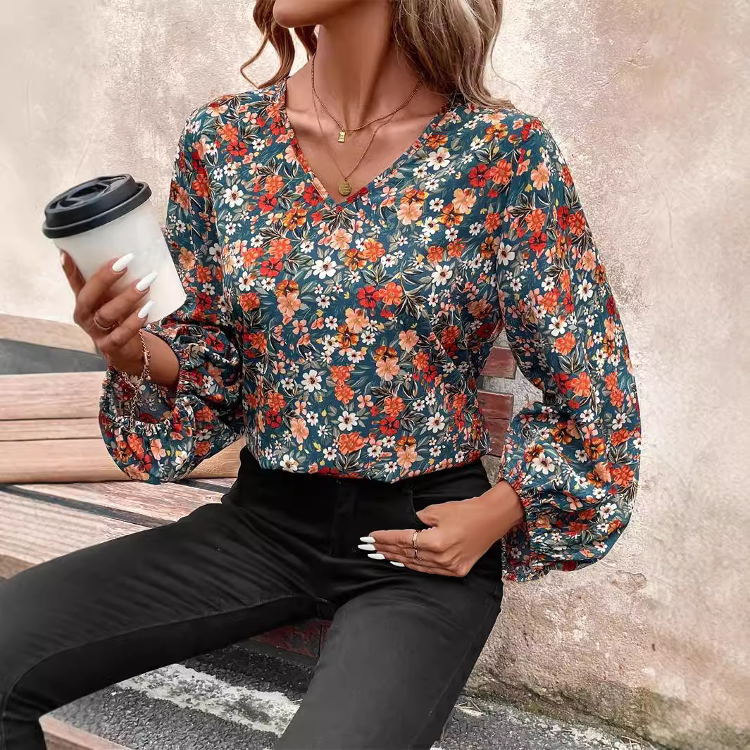 Women's V-neck Long Sleeve Shirt Autumn Women Clothing Casual - Image 3