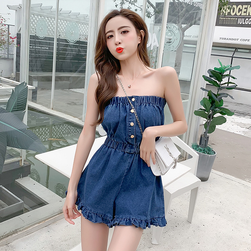 Vacation Gentle Tube Top Jumpsuit Wooden Ear High Waist Cowboy Siamese Wide Leg Shorts - Image 7