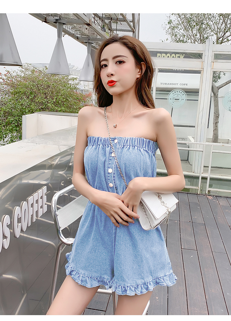 Vacation Gentle Tube Top Jumpsuit Wooden Ear High Waist Cowboy Siamese Wide Leg Shorts - Image 8