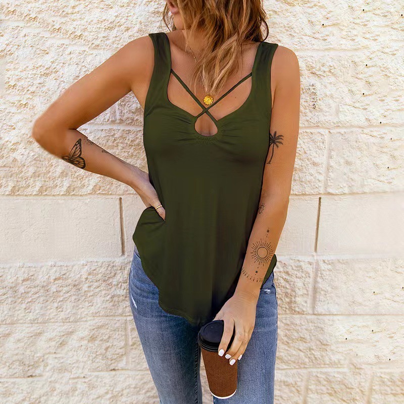 European And American Women's Clothing Cross Solid Color Camisole Top Women - Image 2