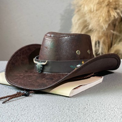 Wide Brim Cow Head Belt Embroidered Western Cowboy Hat Outdoor Tibetan Fedora - Image 5