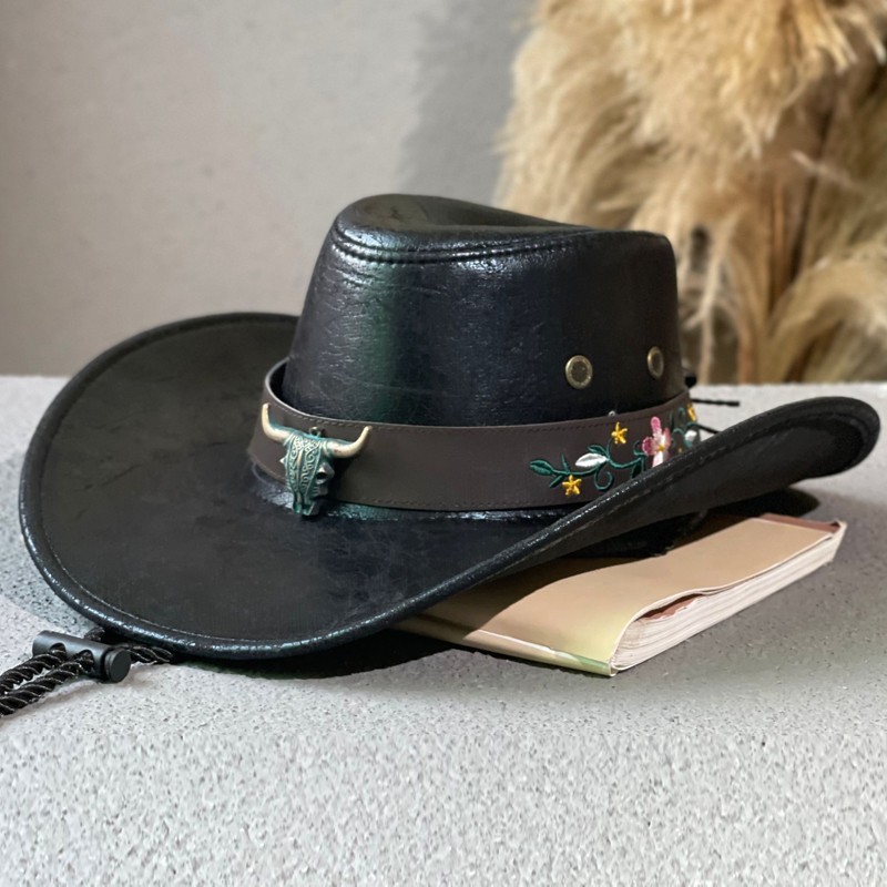 Wide Brim Cow Head Belt Embroidered Western Cowboy Hat Outdoor Tibetan Fedora - Image 6